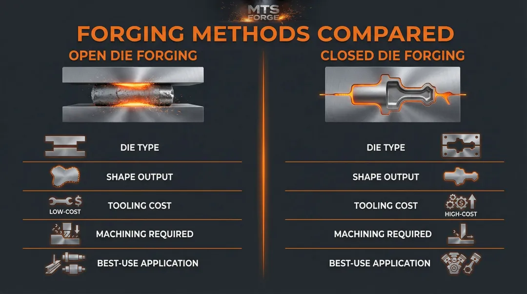 Open die versus closed die forging process comparison chart for alloy steel parts