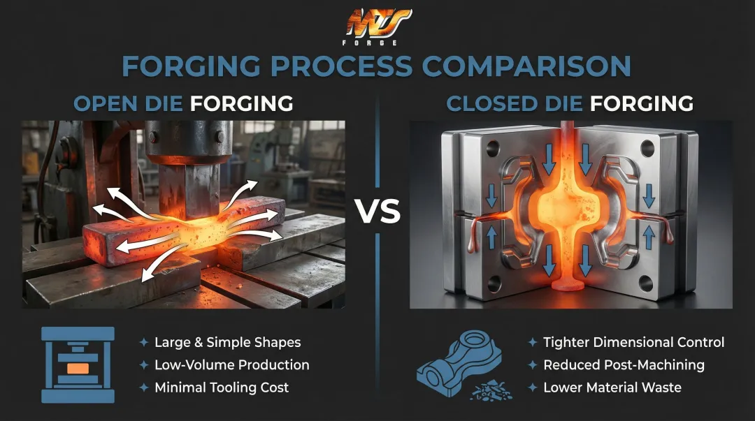 Open die versus closed die hot forging process comparison infographic