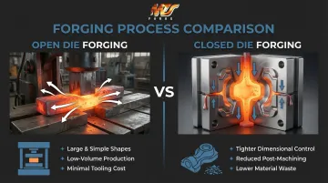 Open die versus closed die hot forging process comparison infographic
