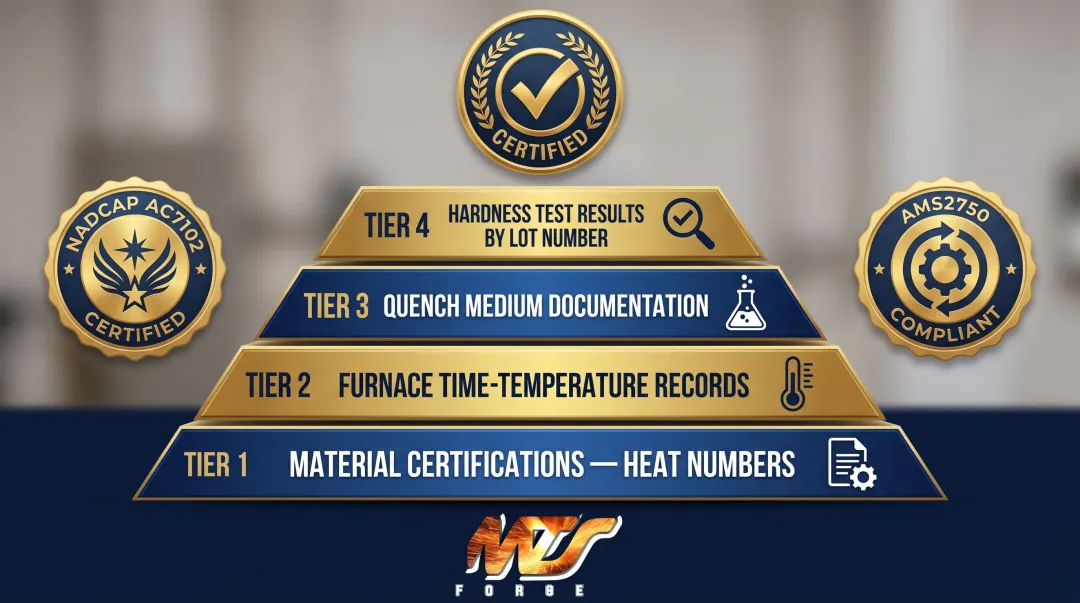 Defense heat treatment compliance framework showing Nadcap traceability and certification requirements