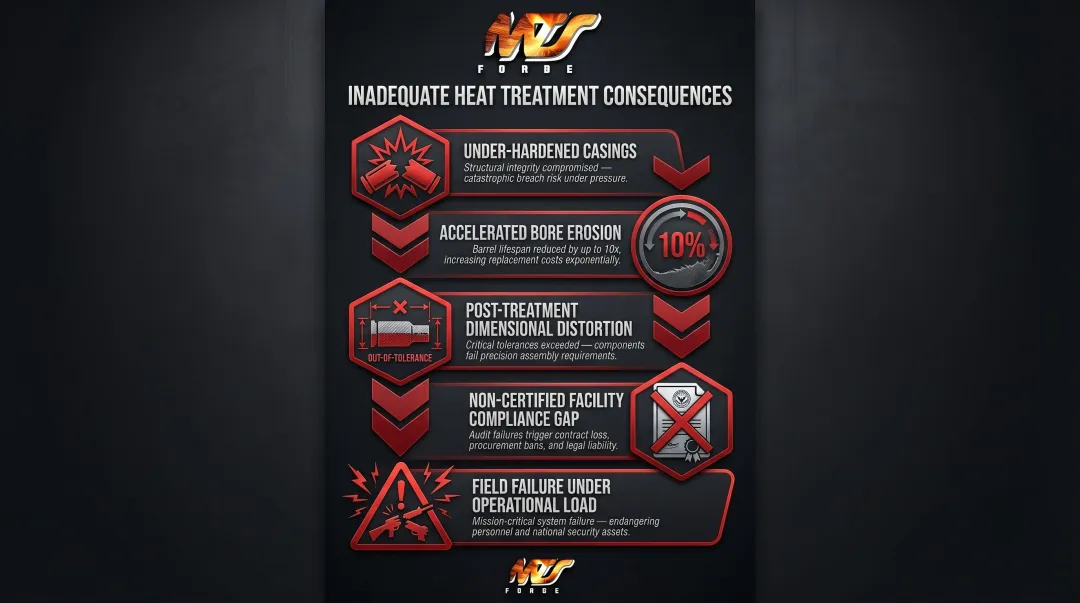 Heat treatment failure cascade infographic showing five critical defense component failure modes