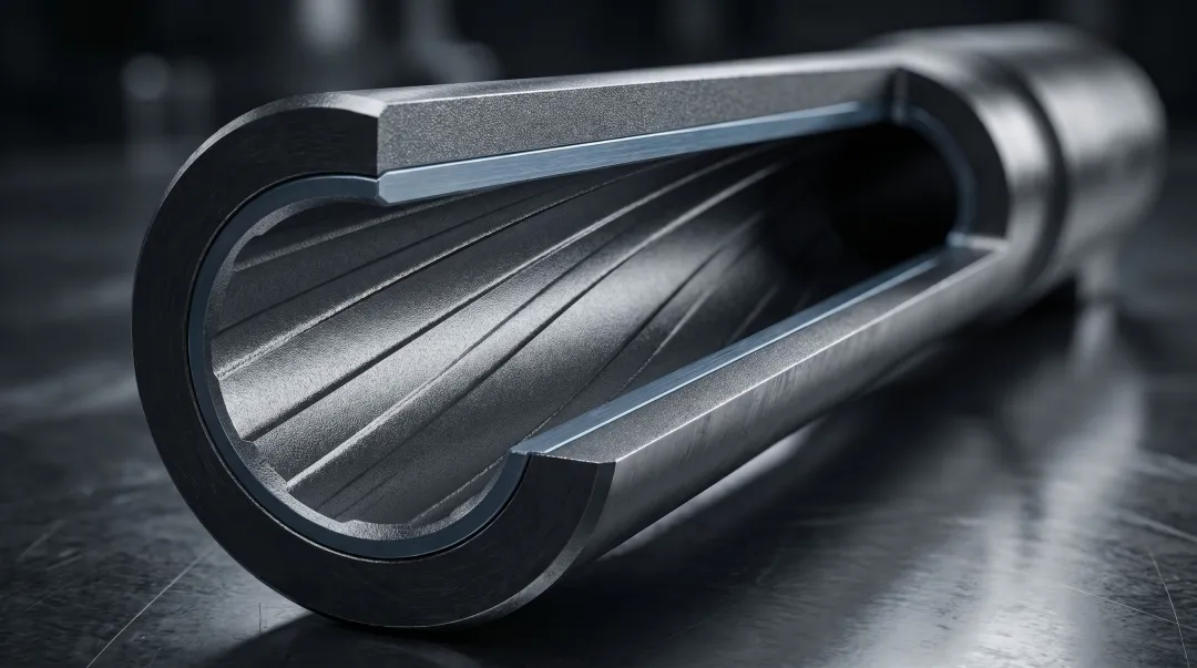 Cross-section diagram of nitrided gun barrel bore showing hardened surface layer