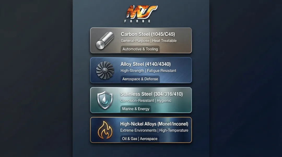 Four upset forging material families with temperature ranges and industry applications comparison