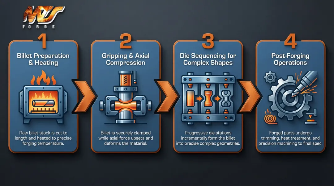 4-step upset forging process from billet heating to post-forging finishing operations