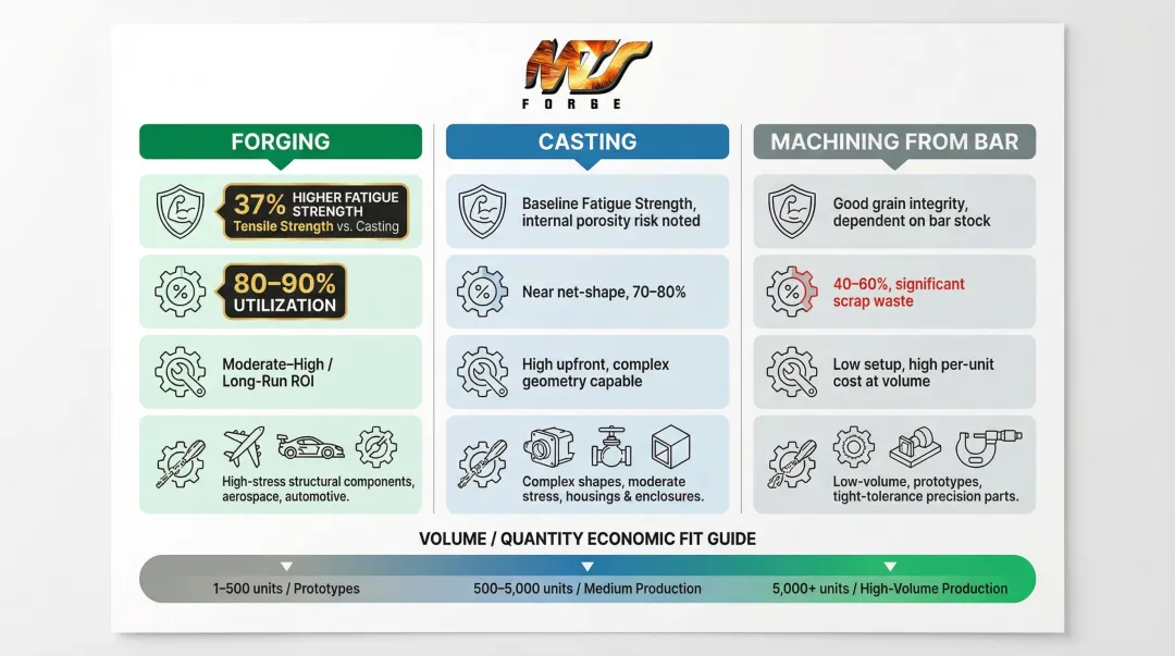 Forging versus casting versus machining manufacturing method comparison infographic