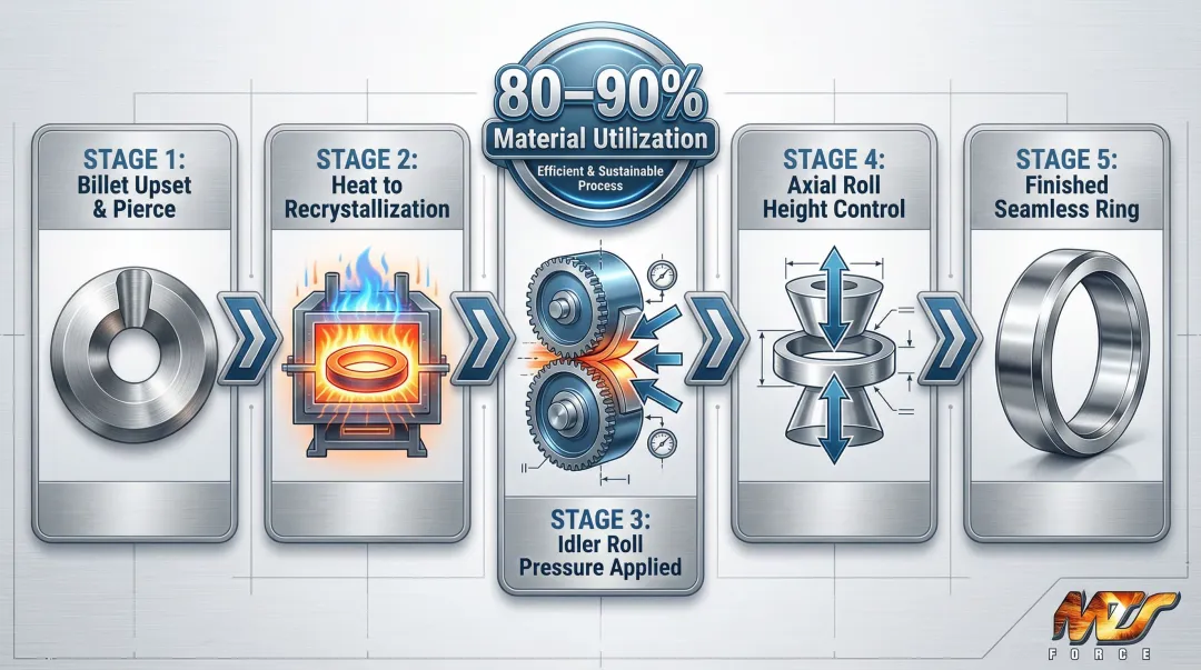 Ring rolling process flow diagram from preform to finished seamless ring