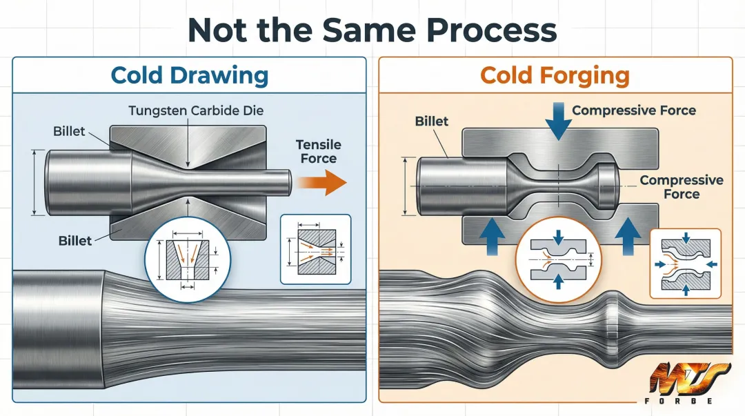 Cold drawing versus cold forging process force direction and grain structure differences