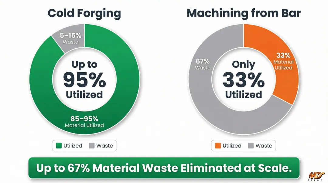 Cold forging versus machining material utilization rates waste comparison infographic