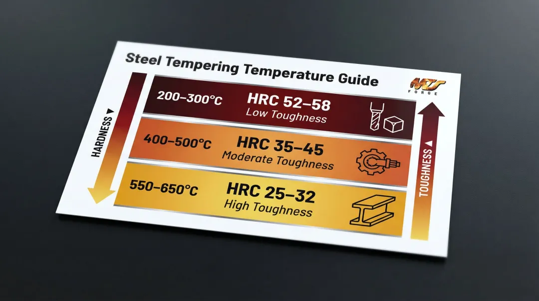 Tempering temperature ranges showing hardness toughness tradeoff across three application tiers