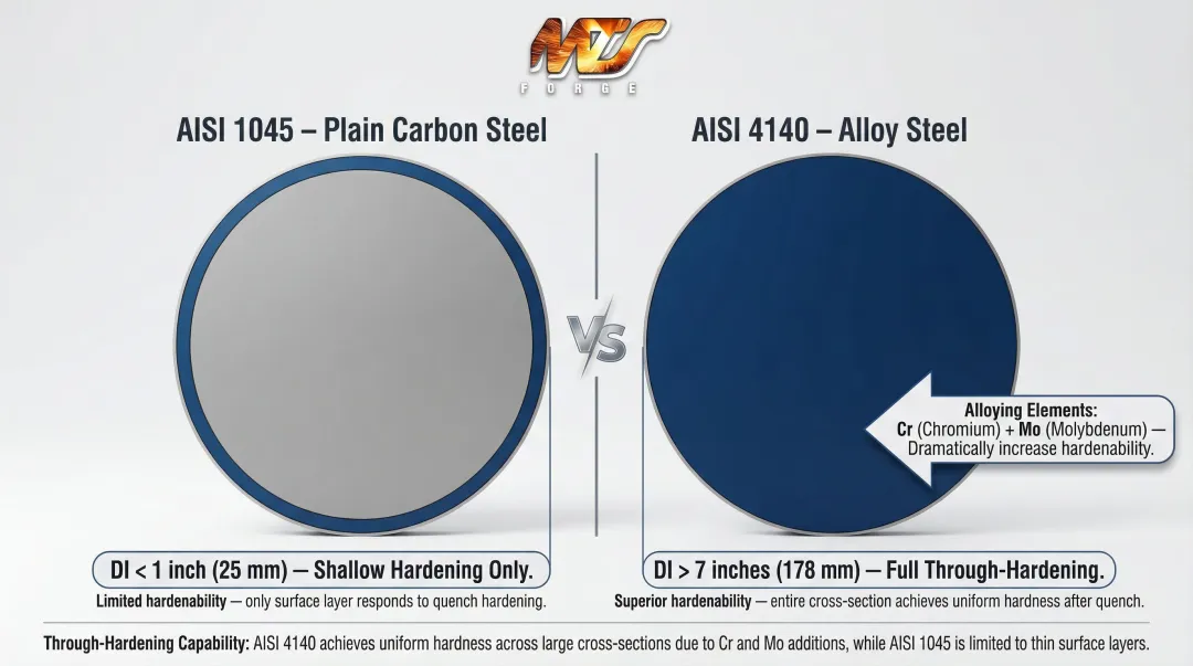 Hardenability comparison of AISI 1045 versus AISI 4140 steel ideal critical diameter cross-sections