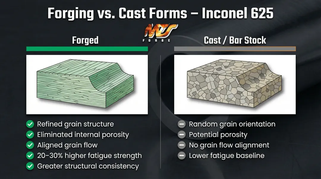 Forging versus casting Inconel 625 grain structure fatigue strength comparison infographic