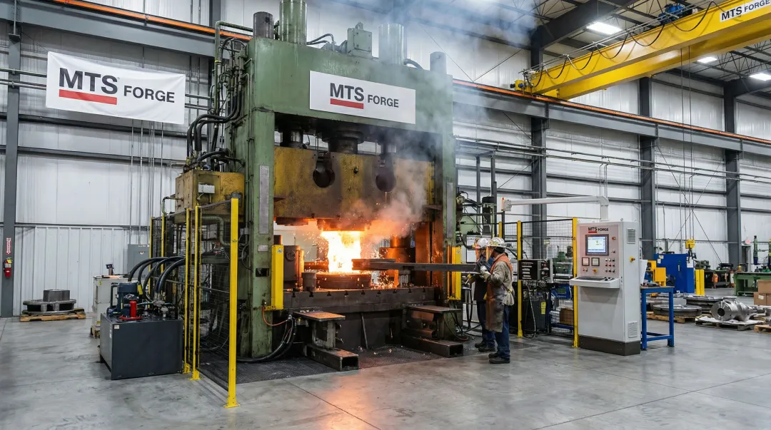 MTS Forge closed-die forging press producing large nickel superalloy components