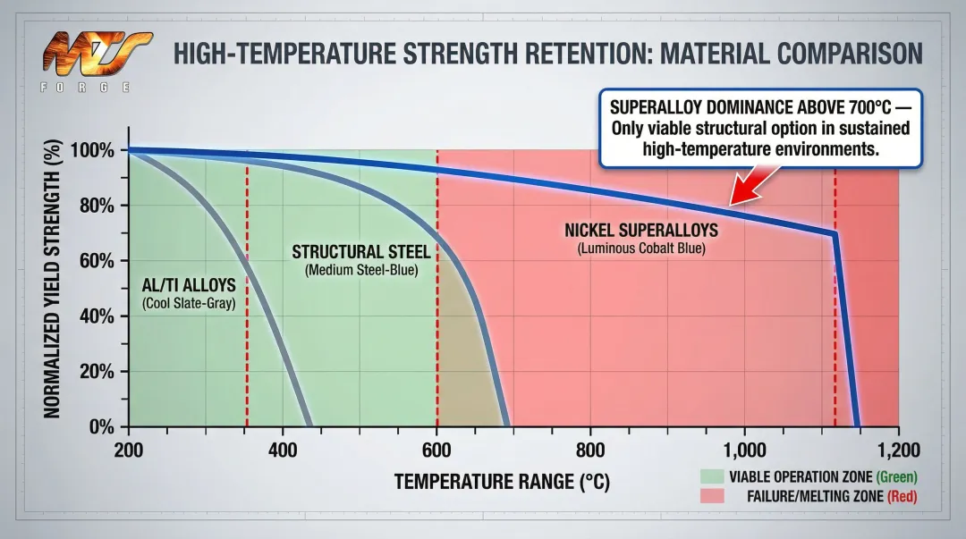 Superalloy versus titanium and aluminum temperature strength retention comparison chart