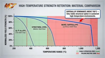 Superalloy versus titanium and aluminum temperature strength retention comparison chart