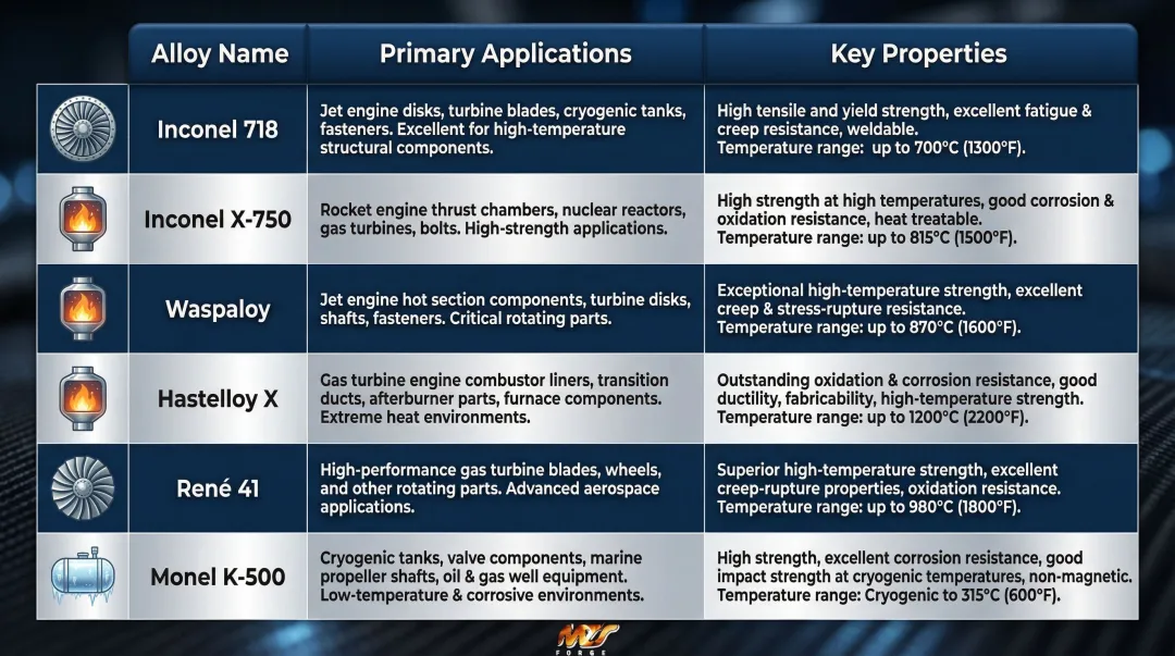 Nickel-based superalloy comparison table showing alloys applications and key properties