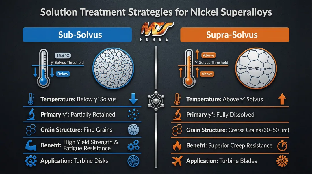 Sub-solvus versus supra-solvus nickel superalloy solution treatment comparison chart