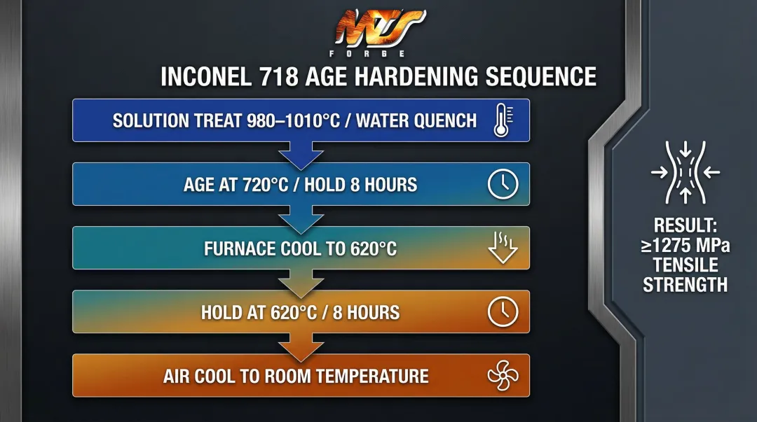Inconel 718 two-step age hardening process flow with temperatures and hold times