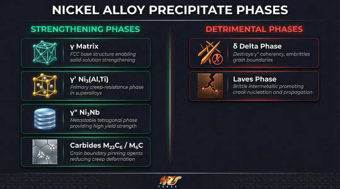 Nickel alloy strengthening versus detrimental precipitate phases comparison infographic