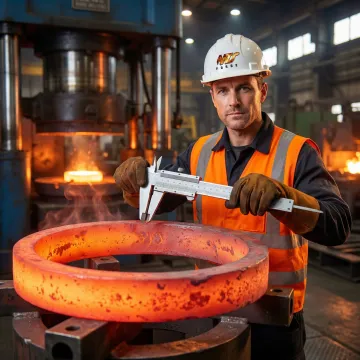 Forging technician inspecting a large rolled ring on the production floor