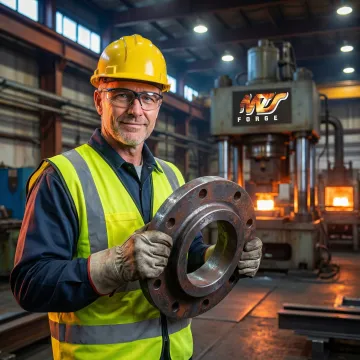 MTS Forge technician inspecting a forged Incoloy 800 flange at a manufacturing facility