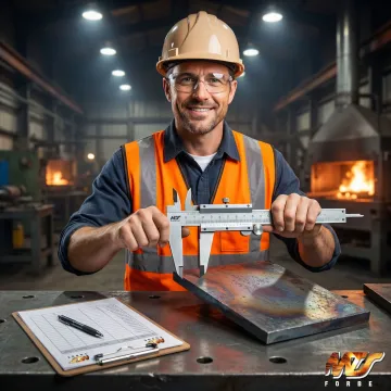 MTS Forge technician inspecting a formed steel plate component for dimensional accuracy