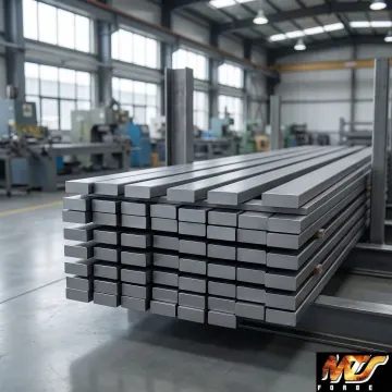 Normalized alloy steel flat bars stacked in an industrial forge facility