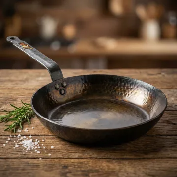Hand forged carbon steel skillet resting on a rustic wooden surface with visible hammer texture