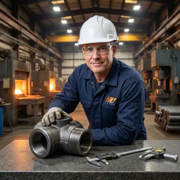 Metallurgist inspecting a carbon steel forged pipe fitting for dimensional accuracy at MTS Forge