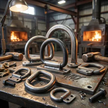 Forged steel D-rings in weldable and mounting configurations displayed on an industrial workbench