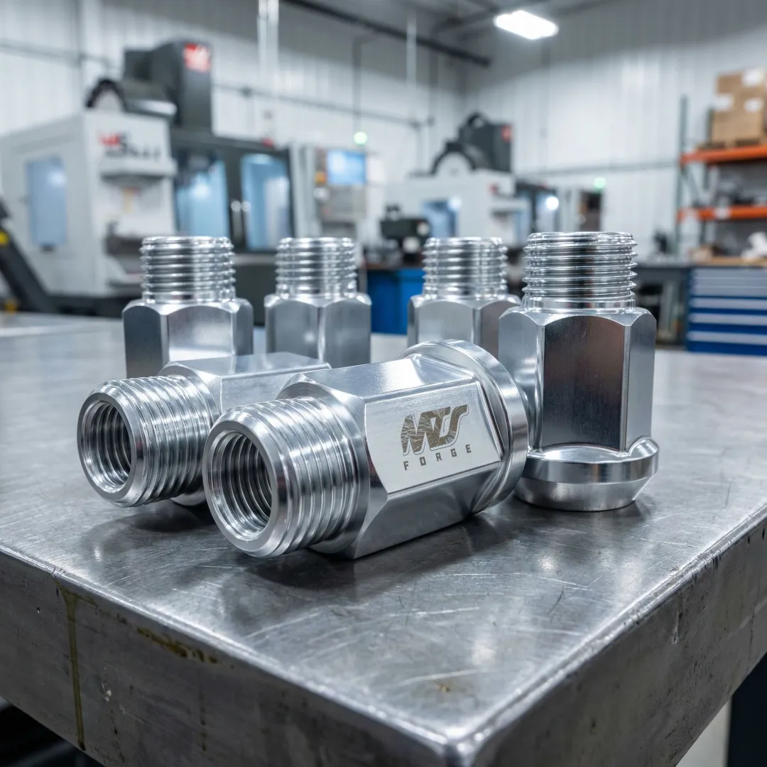 Forged aluminum lug nuts manufactured by MTS Forge, showing precision threading and metallic finish