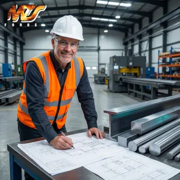 Metallurgist reviewing technical drawings and cut metal profiles on an industrial workbench