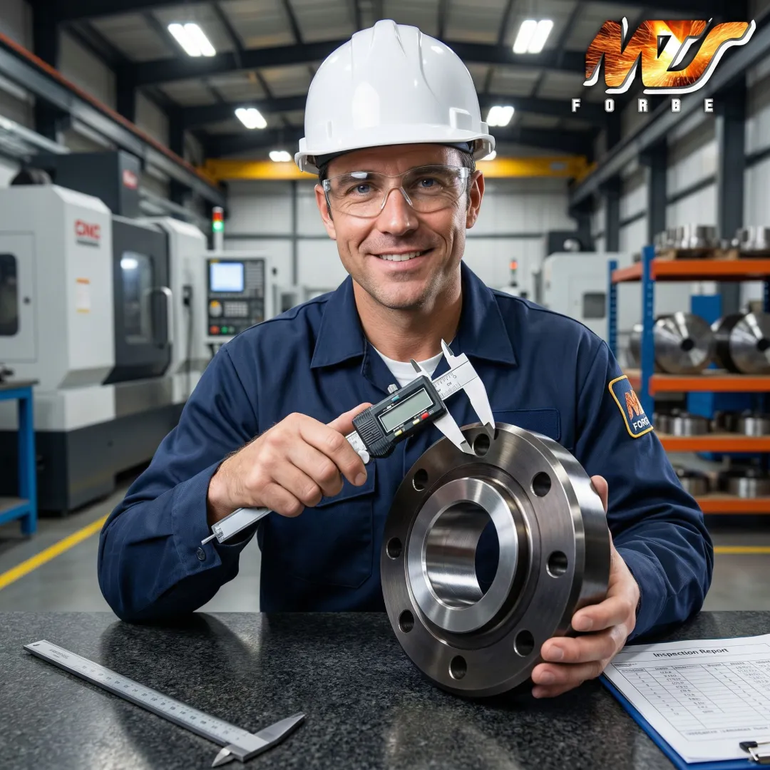 Alloy steel spacer flange undergoing quality inspection at MTS Forge