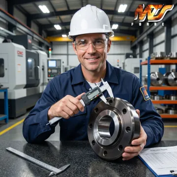 Alloy steel spacer flange undergoing quality inspection at MTS Forge