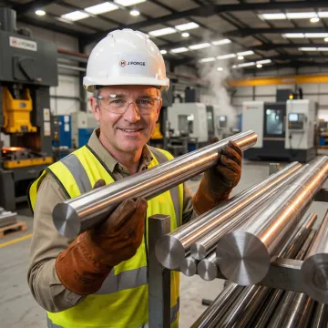 Metallurgist inspecting normalized alloy steel round bars in a forging facility