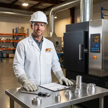 Metallurgist reviewing aluminum heat treatment process documentation and furnace controls