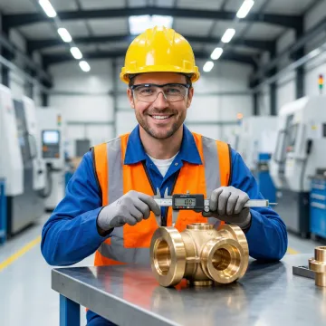 MTS Forge technician inspecting a brass forged component for dimensional accuracy