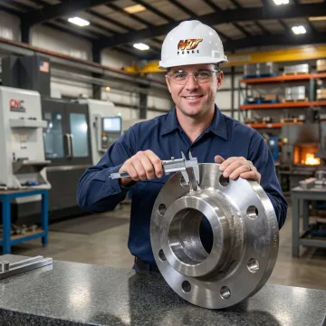 MTS Forge technician inspecting precision-forged stainless steel flange for dimensional accuracy