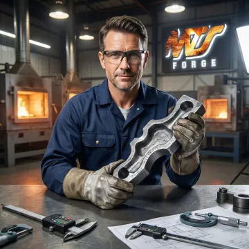 MTS Forge technician inspecting a custom complex forged shape on the shop floor