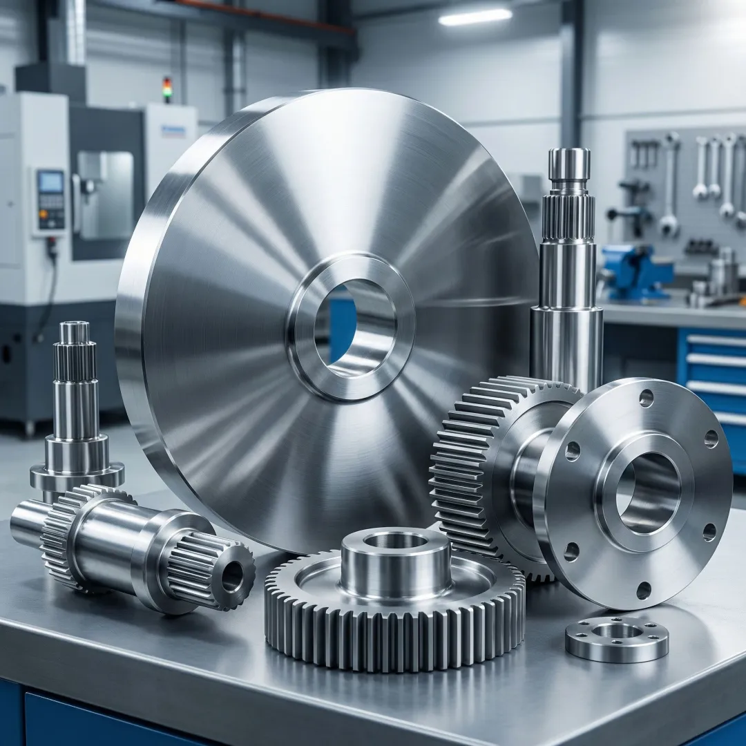 Forged metal components with close-up detail of precision machined surfaces