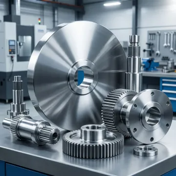 Forged metal components with close-up detail of precision machined surfaces