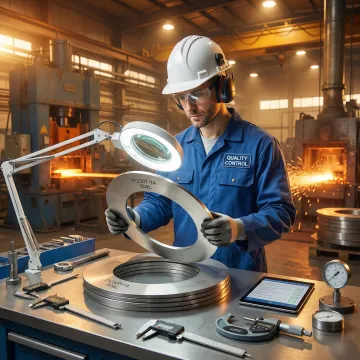 Metallurgist reviewing a custom forged component at an industrial facility