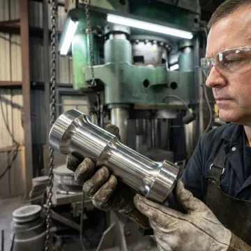 MTS Forge technician inspecting a stainless steel forged component