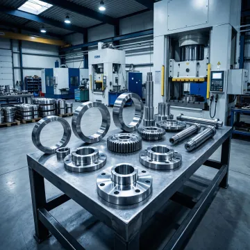 Stainless steel forged components on an industrial forge shop floor