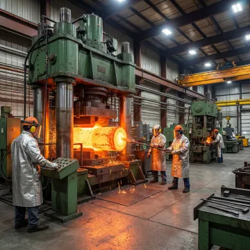 Carbon steel forging process at an industrial forge facility with glowing hot steel components
