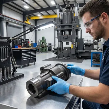 Machinist inspecting a finished carbon steel forged component in a precision manufacturing facility