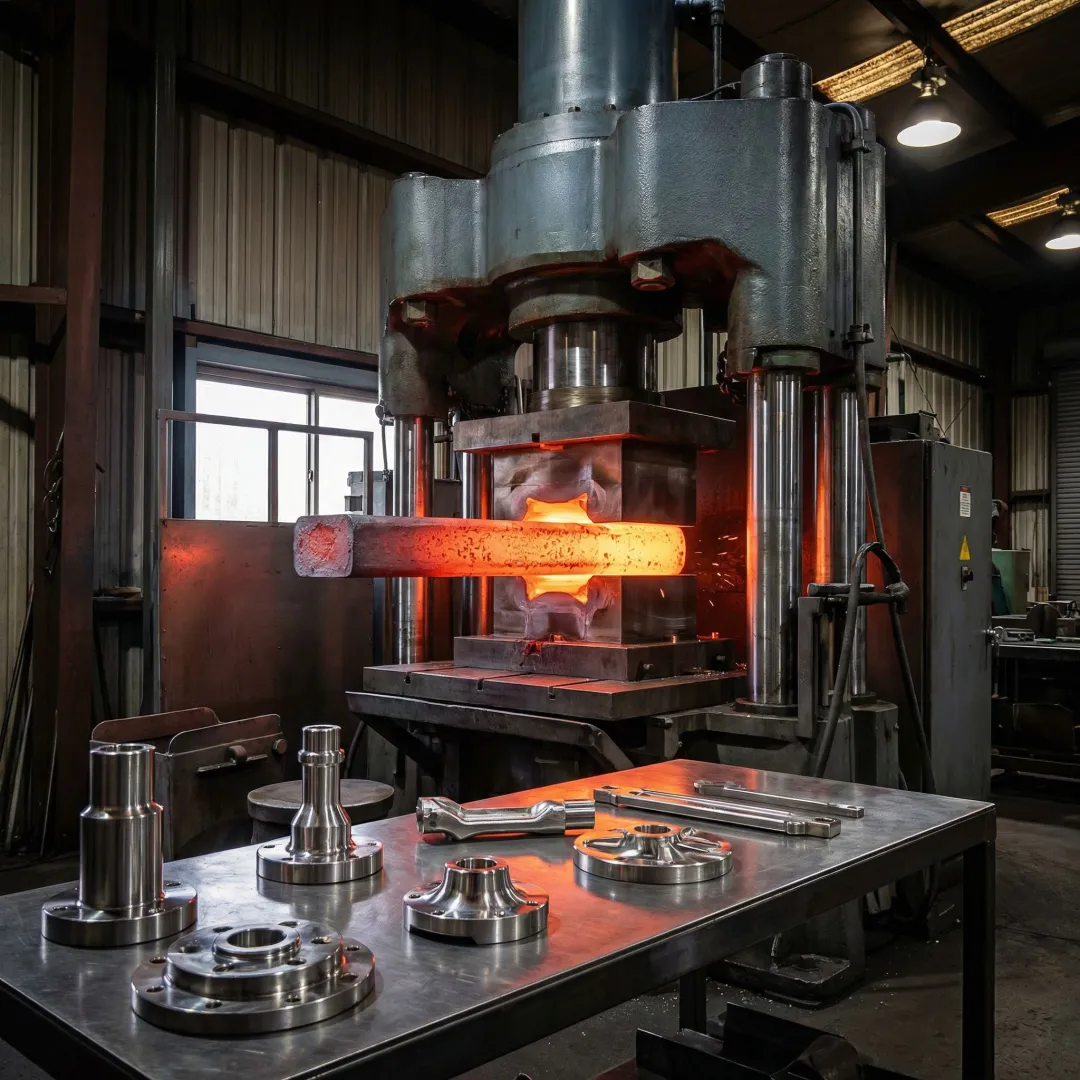 Custom stainless steel forged parts and CNC milled components in an industrial forge facility