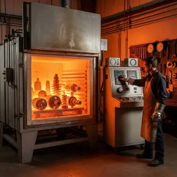 Aerospace forged components undergoing heat treatment in an industrial furnace at MTS Forge facility