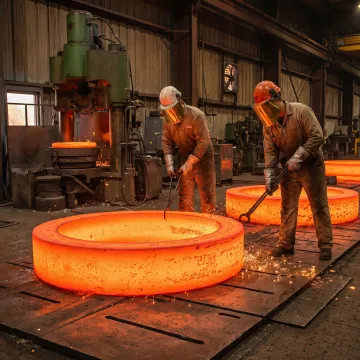 Large forged and rolled metal rings stacked in an industrial forge facility