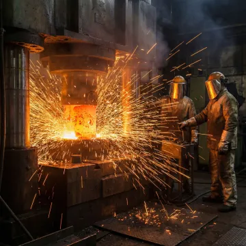 Hot forming process at MTS Forge facility showing forged metal components under press