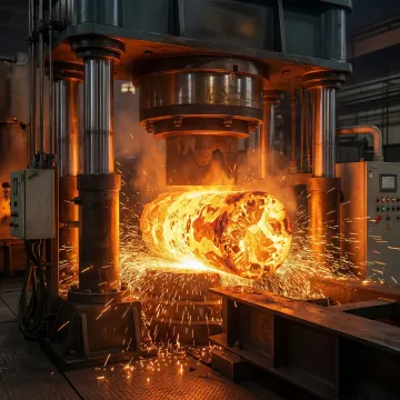 Exotic alloy forging being shaped at a high-temperature forge press in an industrial facility